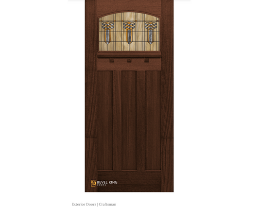 SimpliDoor 1 Lite Arched Mahogany Craftsman Exterior Door with Stained Glass