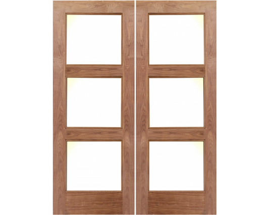 3 Lite Modern True Divided Lite Walnut Exterior Front Door with Frosted Glass