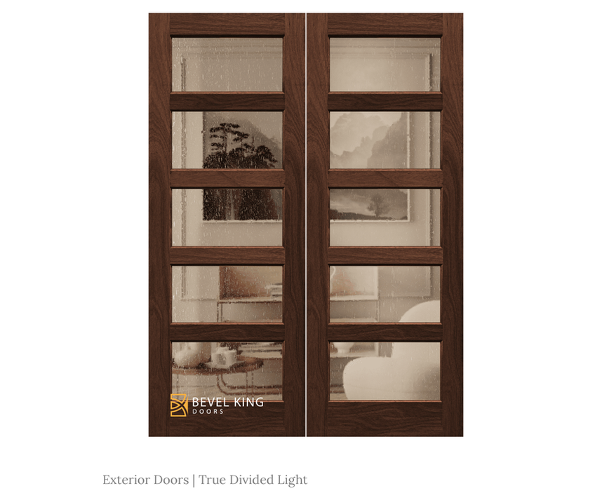 Double Door with 5 True Divided Lites Midcentury Modern Exterior Door Solid Wood