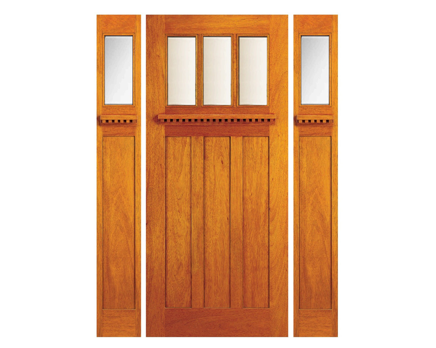 Craftsman sidelite unit exterior door with beveled clear glass in mahogany solid wood