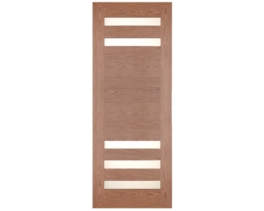 SimpliDoor 5 Lite Modern Exterior Walnut Front Door Contemporary Style with Frosted Glass