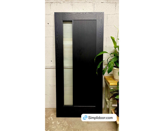 1 lite SimpliDoor Satin Black Fiberglass Modern Exterior Door with reeded glass
