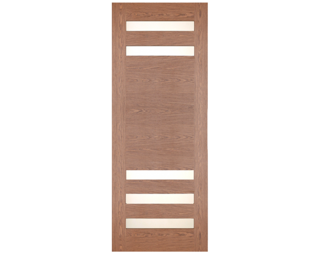 SimpliDoor 5 Lite Modern Exterior Walnut Front Door Contemporary Style with Frosted Glass